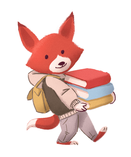 Imagen de un niño zorro que carga muchos libros